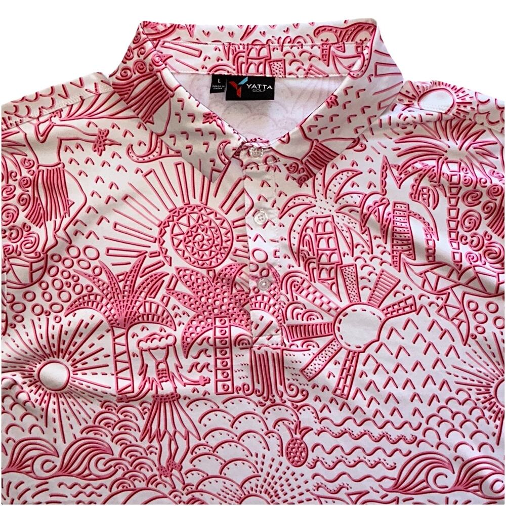 Yatta Golf Shaka Life Polo Men's Size Large Tropical Hawaiian Pink White